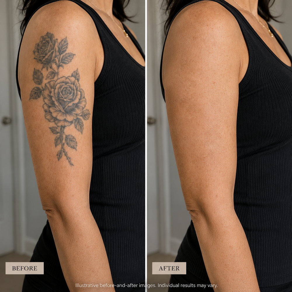 Before and after comparison of a tattoo on an arm, with 'Before' showing the tattoo and 'After' showing the skin without the tattoo.