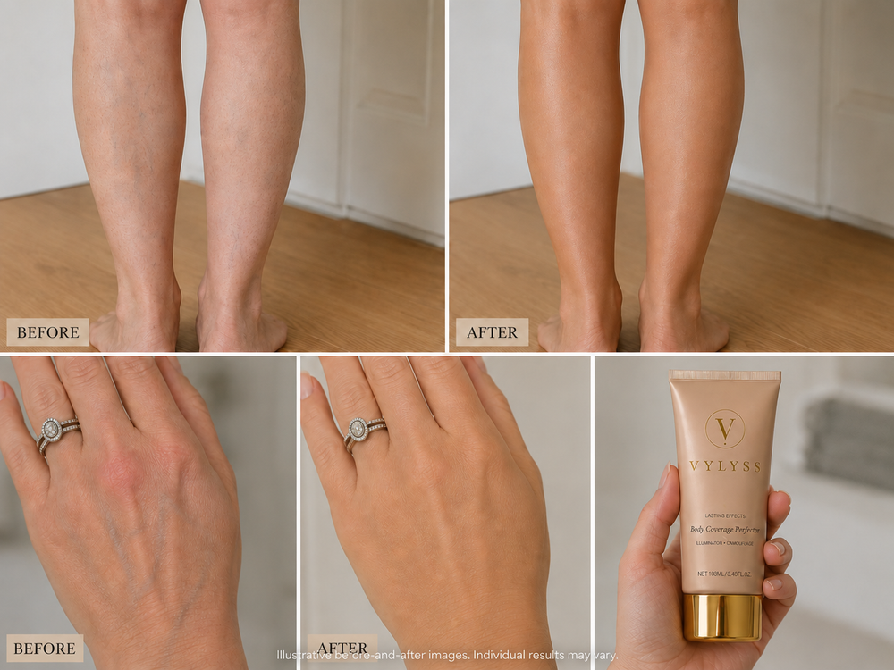 Before and after comparison of legs and hands with a V luxury skincare product.