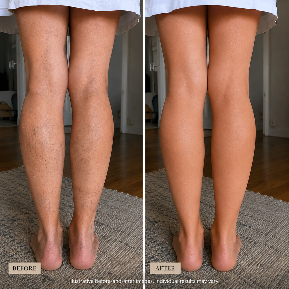 Before and after comparison of legs on a carpeted floor.