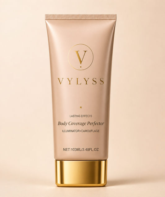 VYLYSS Body Coverage Perfector tube on a cream luxury background