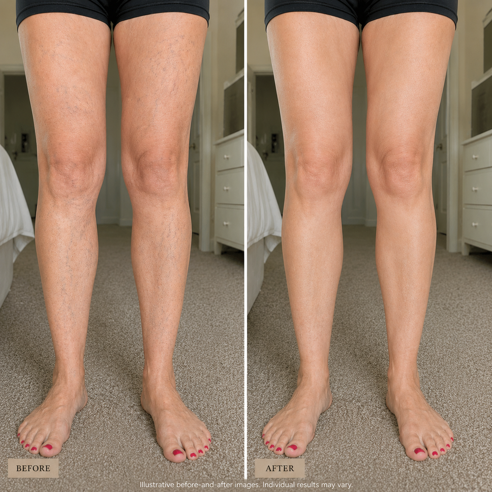 Illustrative before-and-after images of legs on a carpeted floor.