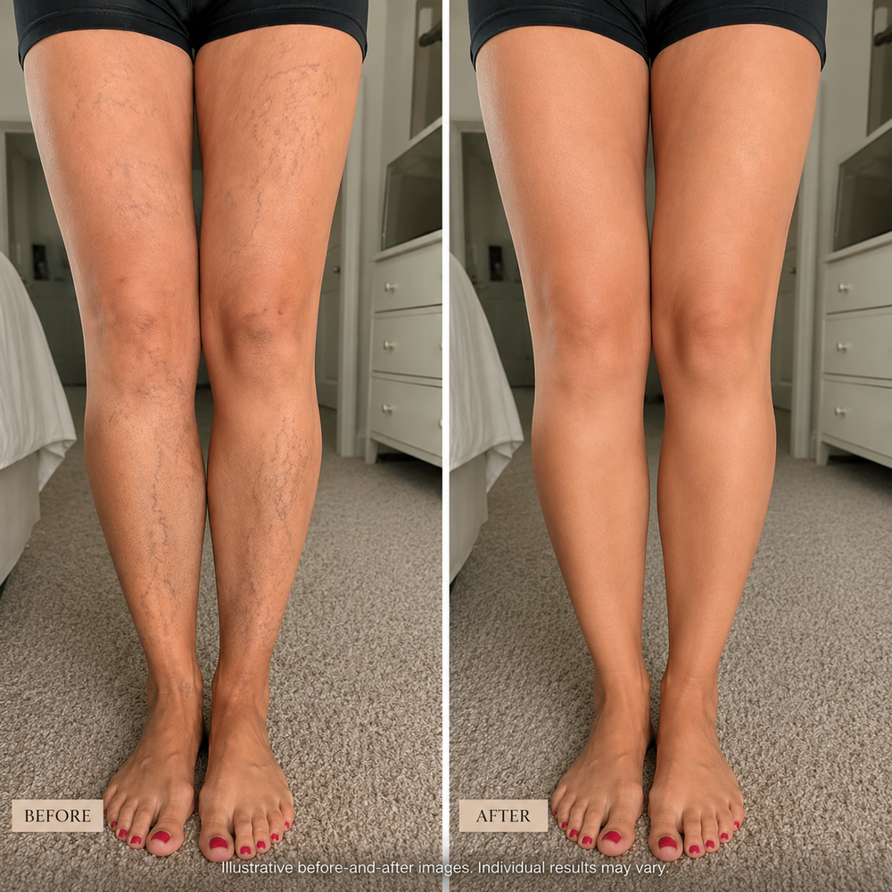 Illustrative before and after images of legs with visible differences in a bedroom setting.